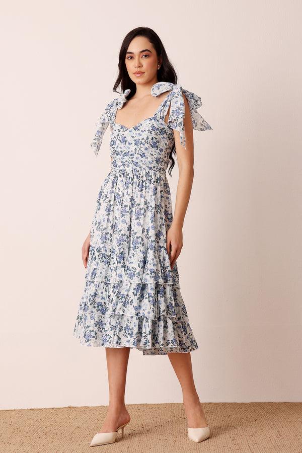 lace & beads Ollie Cotton Midi Dress in Blue White Floral