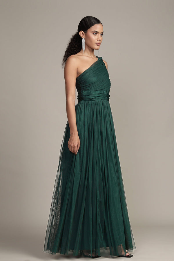 Lace & Beads One Shoulder Maxi Dress In Emerald Green