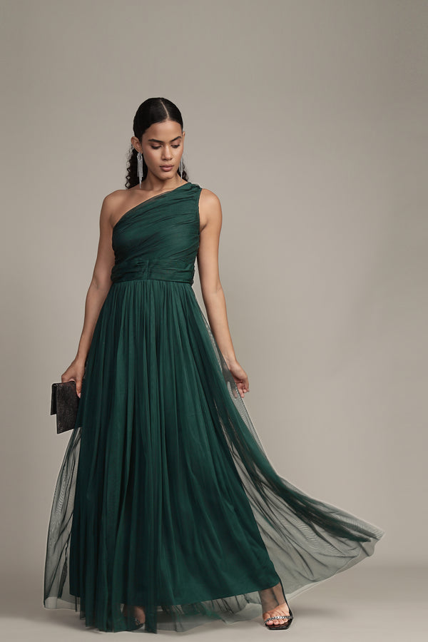 Lace & Beads One Shoulder Maxi Dress In Emerald Green