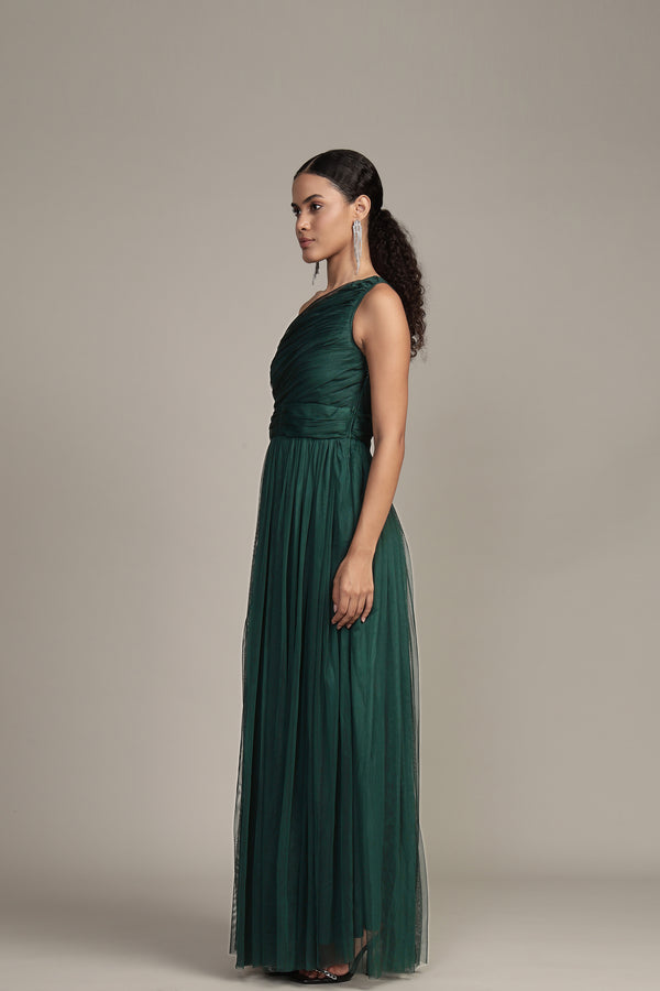 Lace & Beads One Shoulder Maxi Dress In Emerald Green