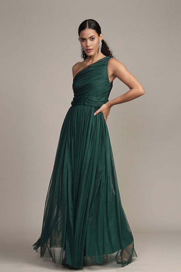 lace & beads One Shoulder Maxi Dress in Emerald Green