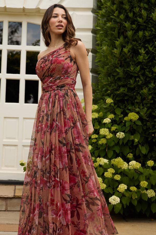 lace & beads One Shoulder Maxi Dress in Red Rose Floral