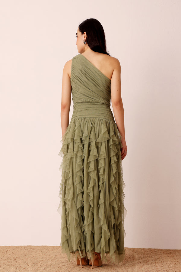 Lace & Beads One Shoulder Ruffle Maxi Dress In Soft Olive