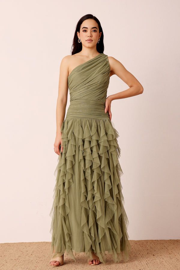 lace & beads One Shoulder Ruffle Maxi Dress in Soft Olive