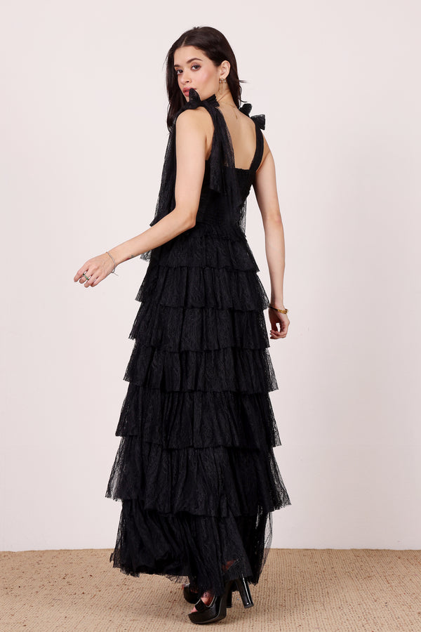 Lace & Beads Ophelia Black Lace Maxi Dress With Tie Detail