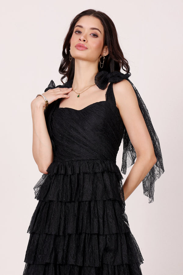 Lace & Beads Ophelia Black Lace Maxi Dress With Tie Detail