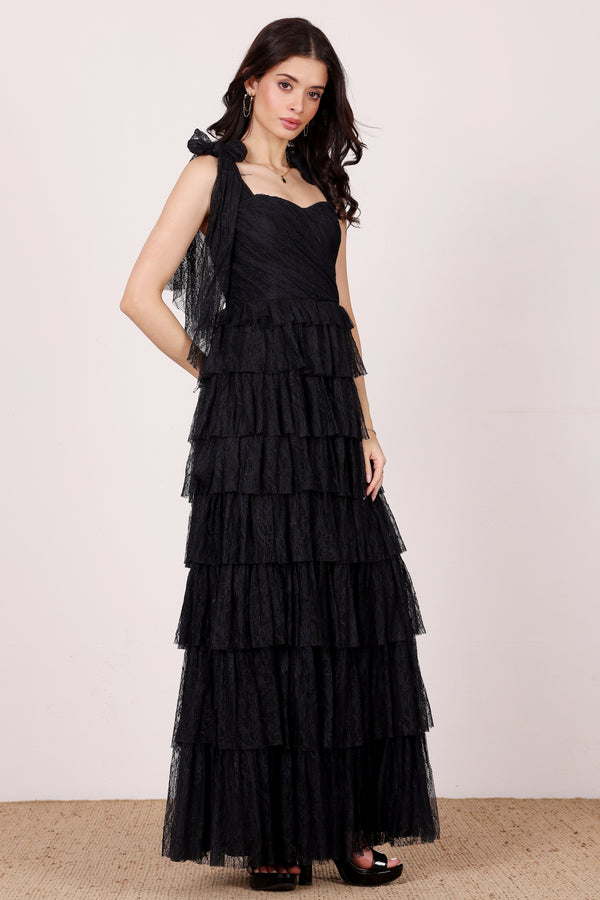 Lace & Beads Ophelia Black Lace Maxi Dress With Tie Detail