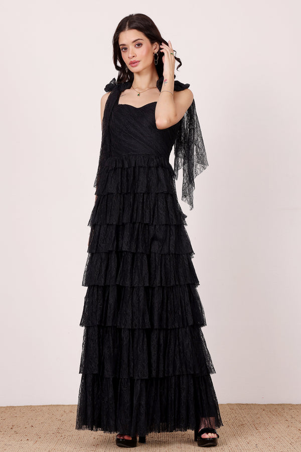 lace & beads Ophelia Black Lace Maxi Dress with Tie Detail
