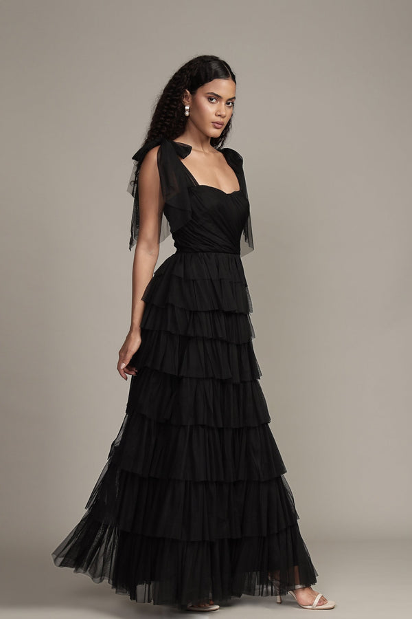 Lace & Beads Ophelia Black Maxi Dress With Tie Detail
