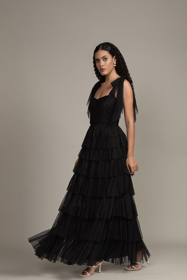 Lace & Beads Ophelia Black Maxi Dress With Tie Detail