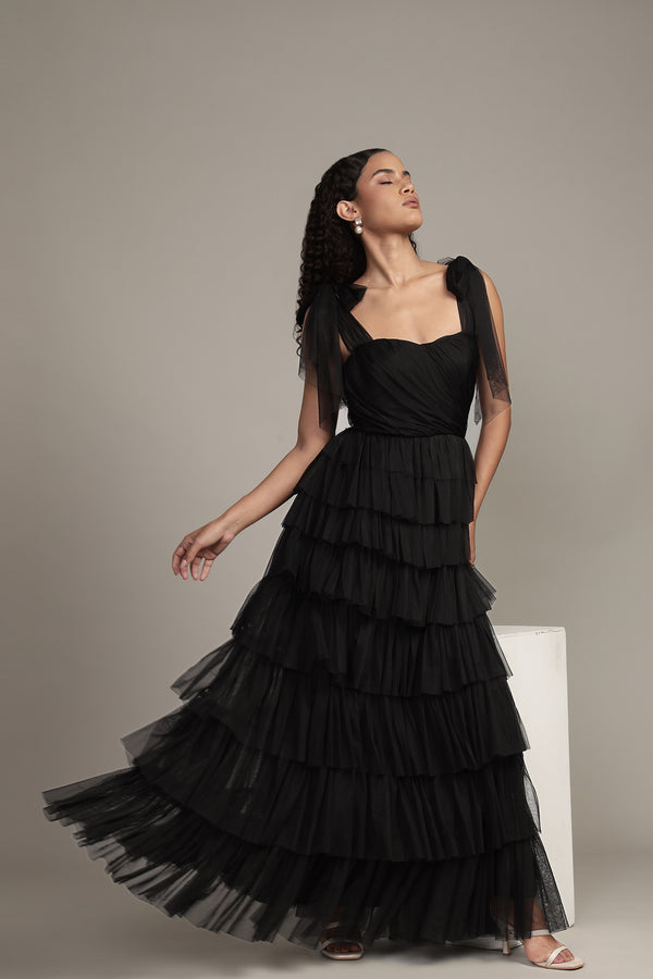 Lace & Beads Ophelia Black Maxi Dress With Tie Detail