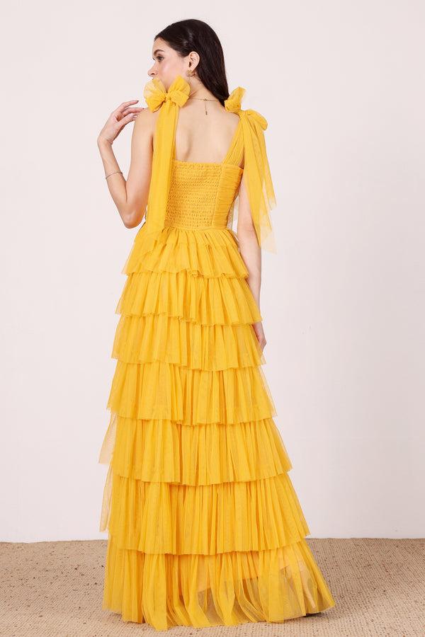 Lace & Beads Ophelia Butterscotch Maxi Dress With Tie Detail