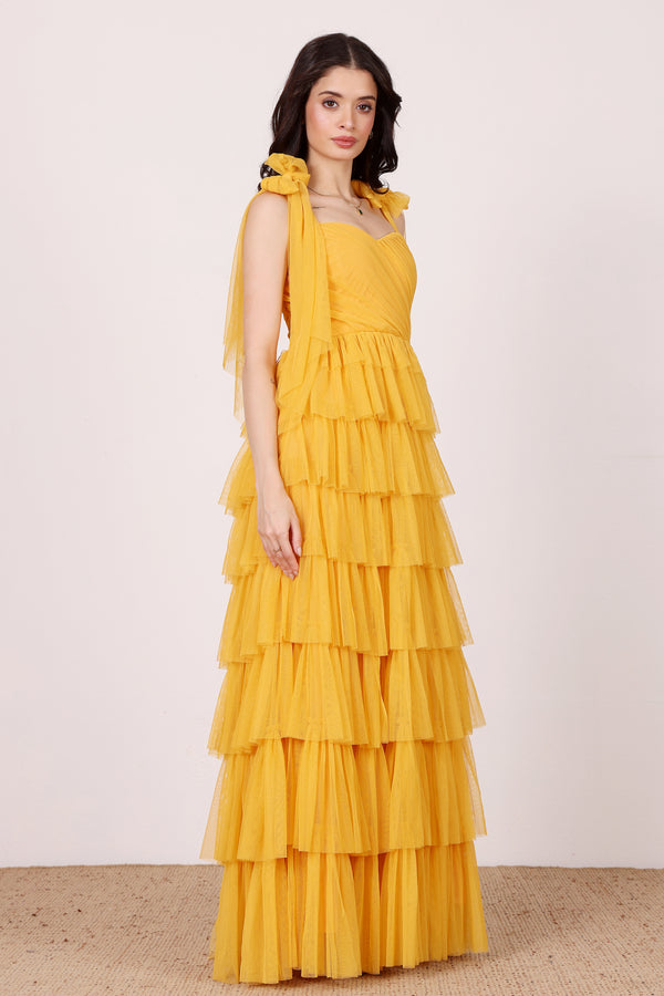 Lace & Beads Ophelia Butterscotch Maxi Dress With Tie Detail
