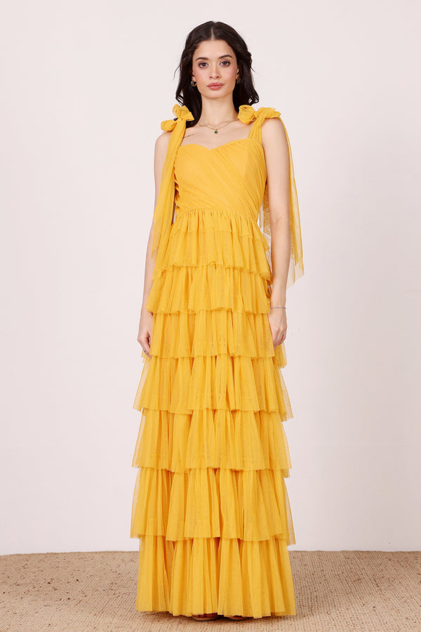 Lace & Beads Ophelia Butterscotch Maxi Dress With Tie Detail