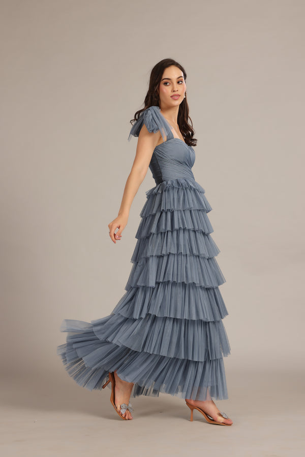 Lace & Beads Ophelia Dusty Blue Maxi Dress With Tie Detail