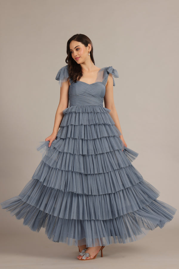 lace & beads Ophelia Dusty Blue Maxi Dress with Tie Detail