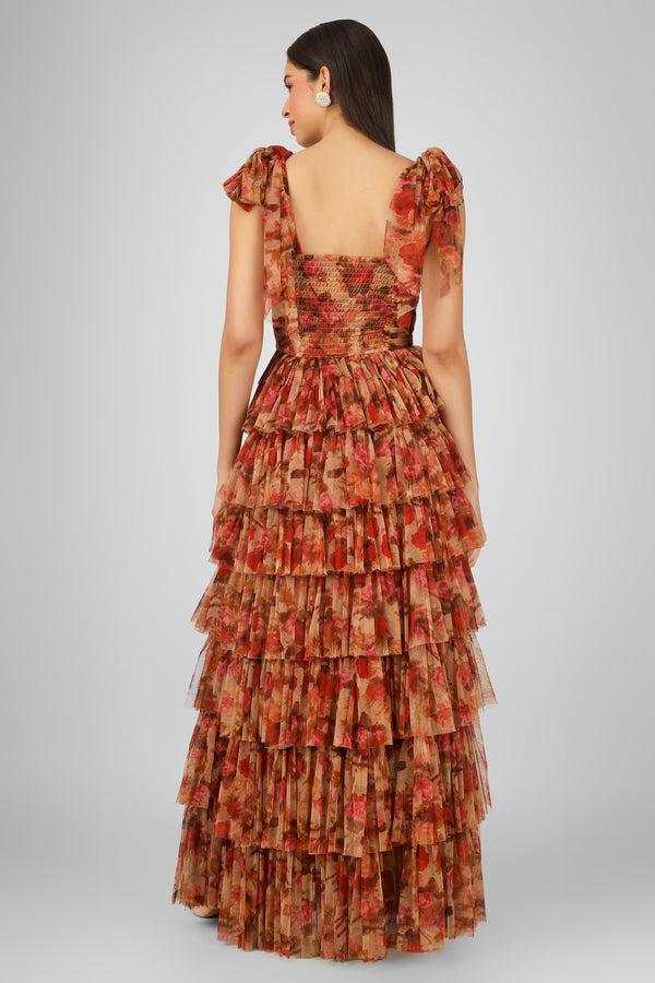 Lace & Beads Ophelia Floral Printed Maxi Dress With Tie Detail