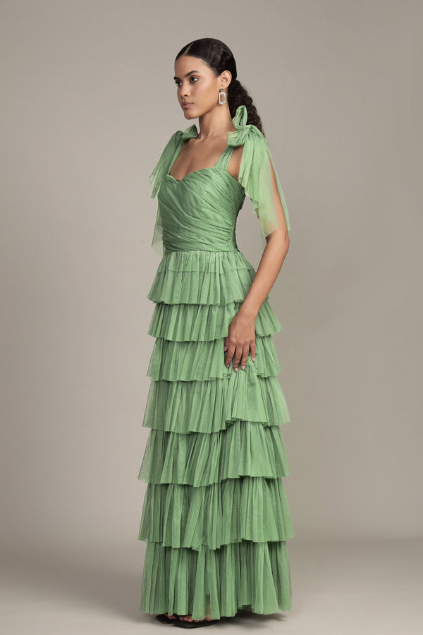 Lace & Beads Ophelia Olive Green Maxi Dress With Tie Detail