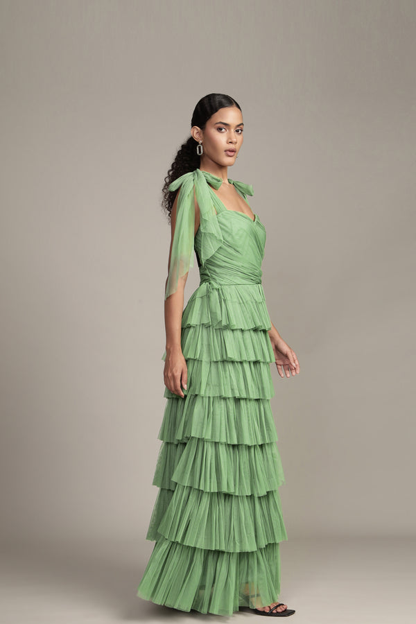 Lace & Beads Ophelia Olive Green Maxi Dress With Tie Detail