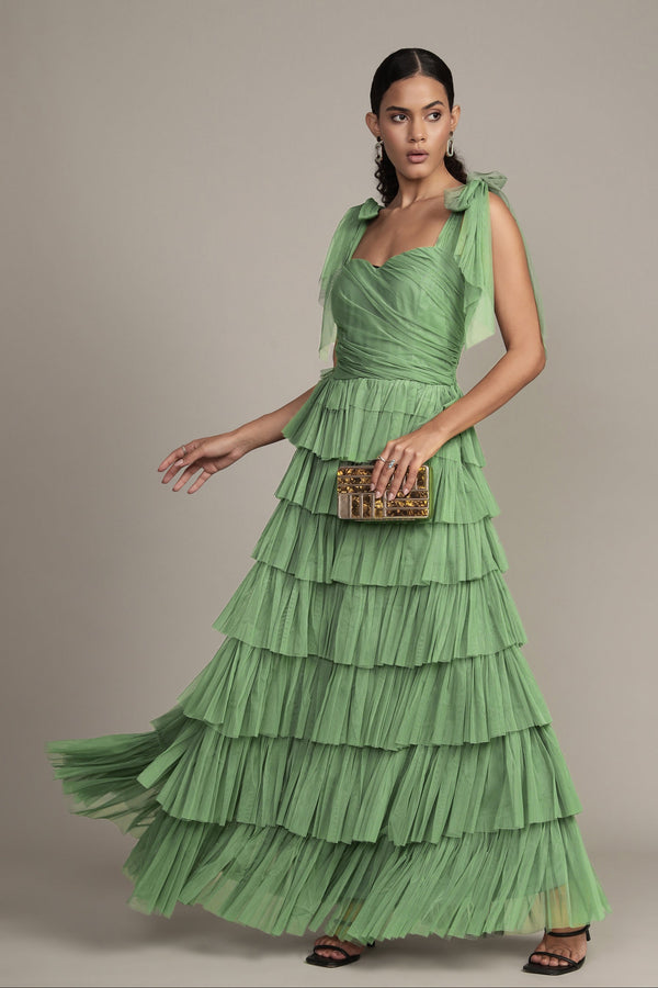 lace & beads Ophelia Olive Green Maxi Dress with Tie Detail