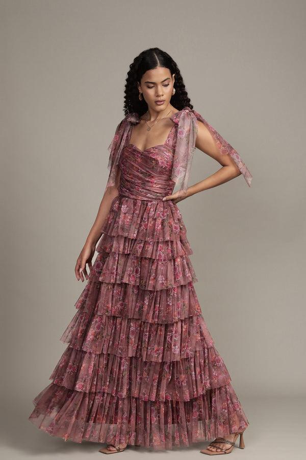 Lace & Beads Ophelia Purple Floral Maxi Dress With Tie Detail