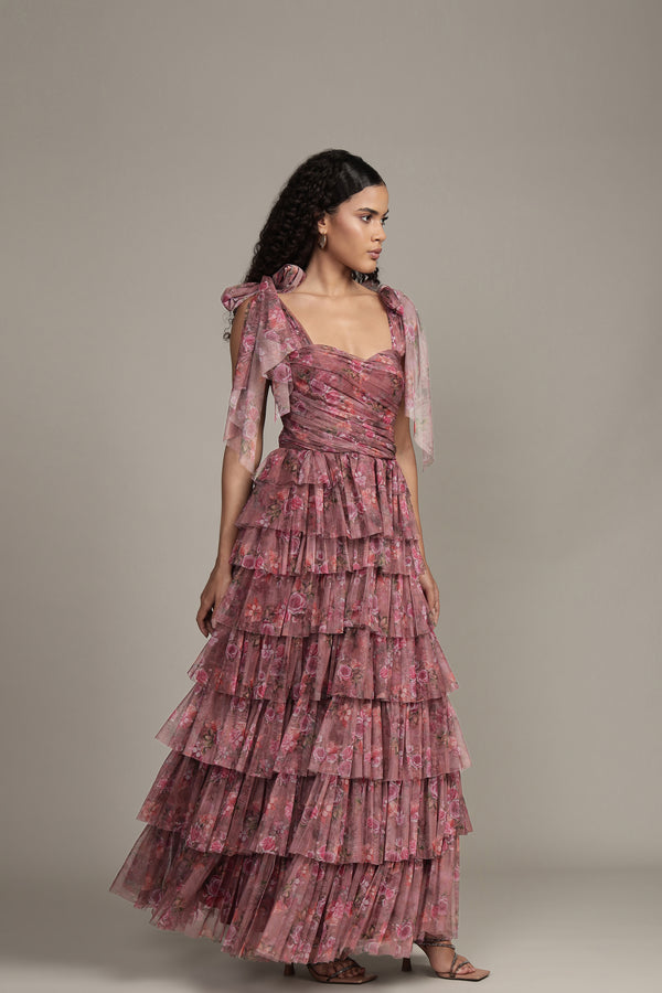 Lace & Beads Ophelia Purple Floral Maxi Dress With Tie Detail