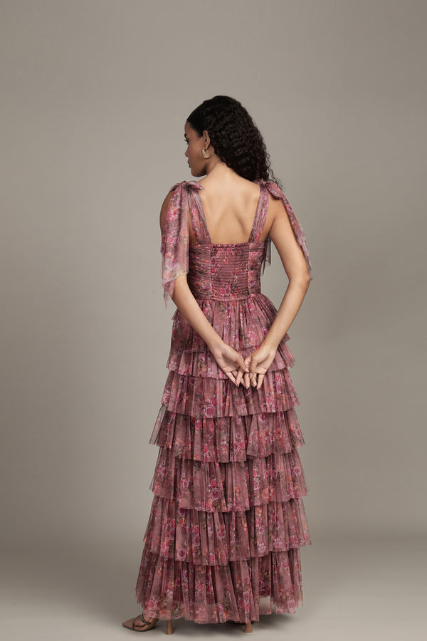 Lace & Beads Ophelia Purple Floral Maxi Dress With Tie Detail