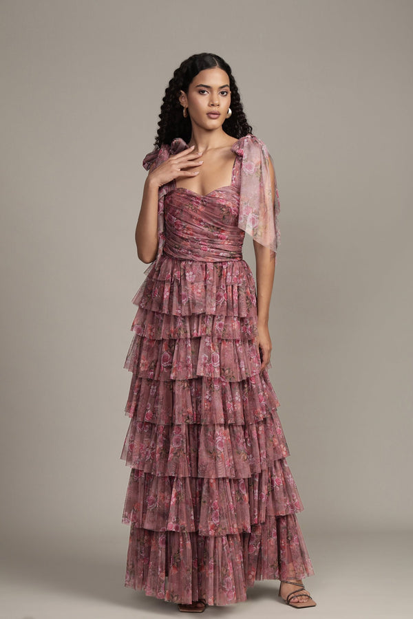 lace & beads Ophelia Purple Floral Maxi Dress with Tie Detail