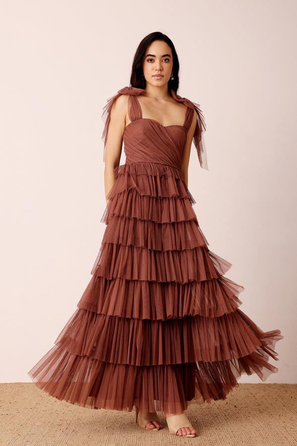 Lace & Beads Ophelia Rose Brown Maxi Dress With Tie Detail