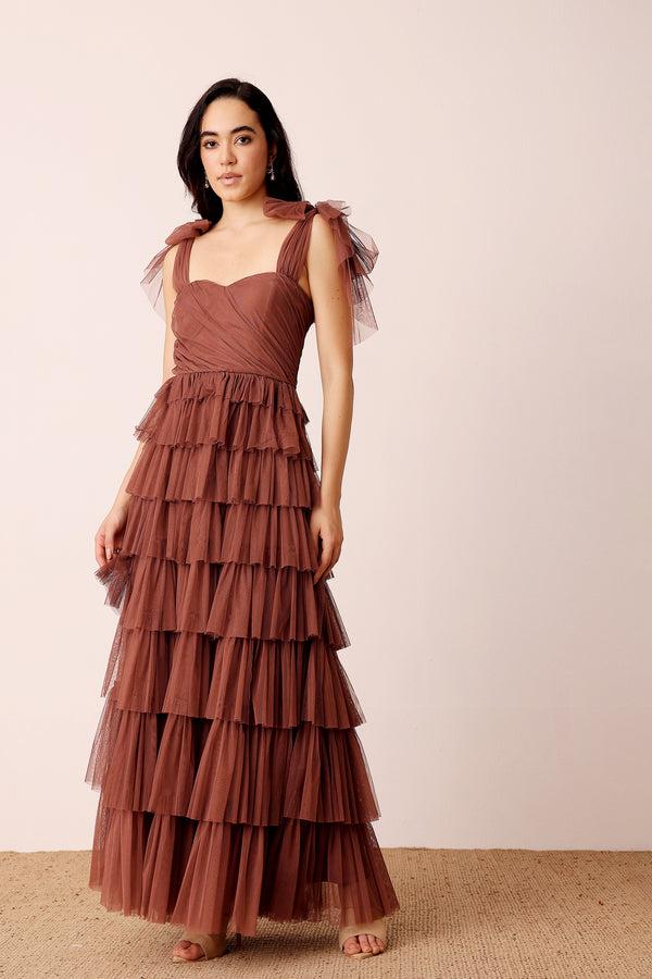 Lace & Beads Ophelia Rose Brown Maxi Dress With Tie Detail