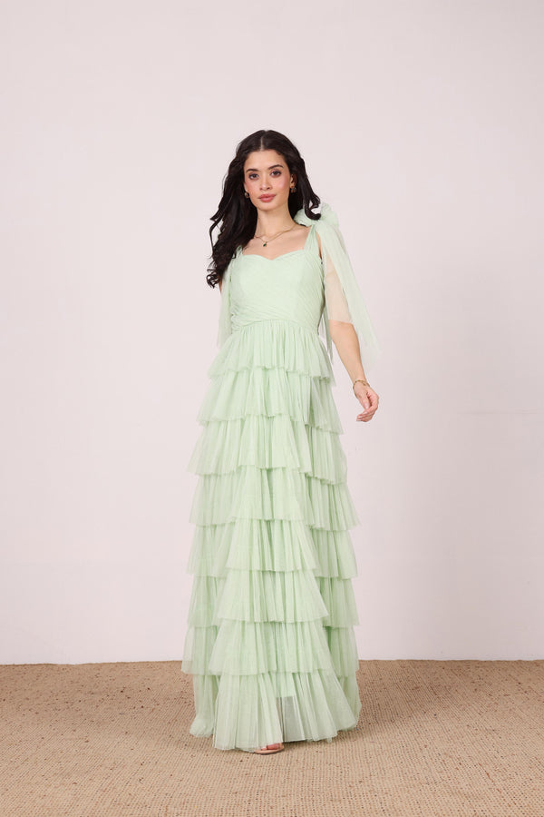 Lace & Beads Ophelia Sage Green Maxi Dress With Tie Detail