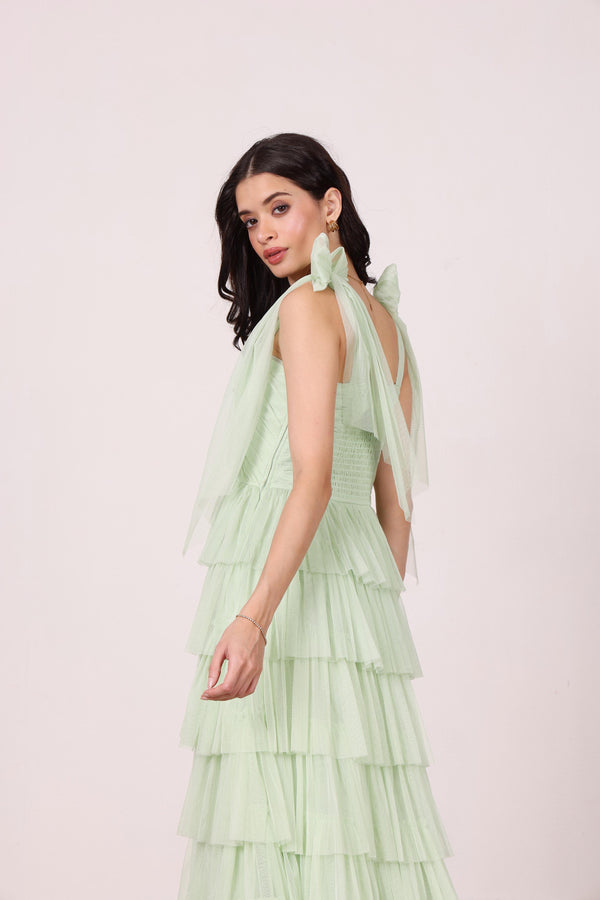 Lace & Beads Ophelia Sage Green Maxi Dress With Tie Detail