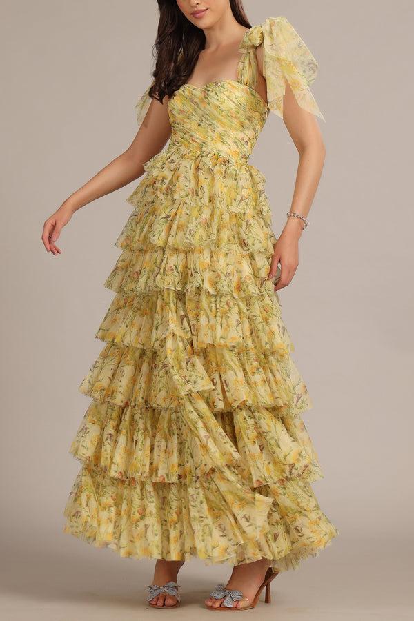 Lace & Beads Ophelia Yellow Floral Maxi Dress With Tie Detail
