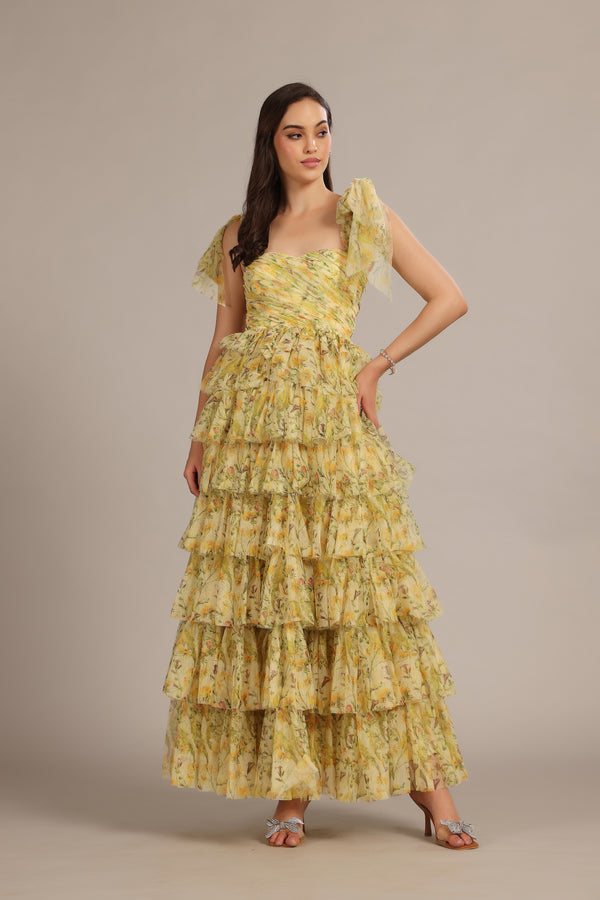 Lace & Beads Ophelia Yellow Floral Maxi Dress With Tie Detail