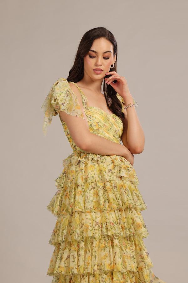 Lace & Beads Ophelia Yellow Floral Maxi Dress With Tie Detail