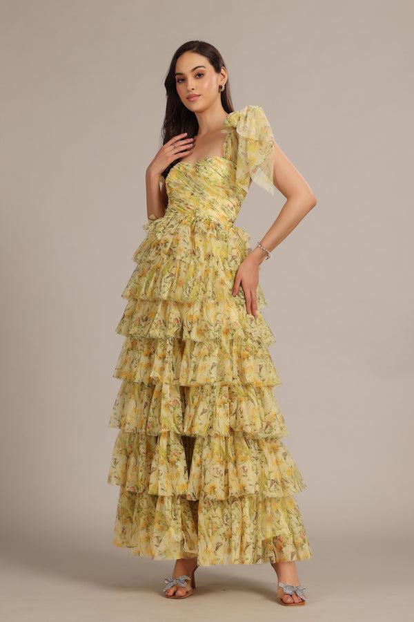 lace & beads Ophelia Yellow Floral Maxi Dress with Tie Detail