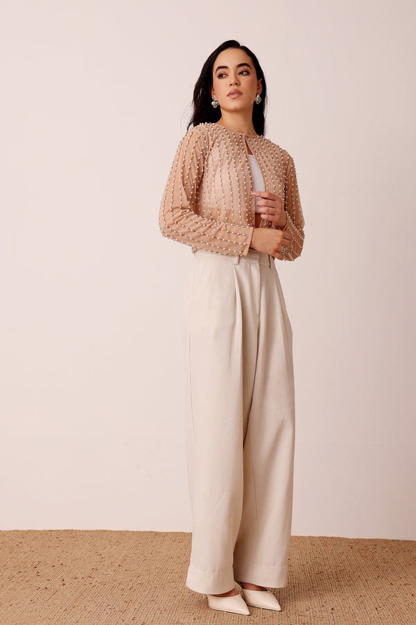 Lace & Beads Pearl Embellished Sheer Cropped Jacket In Beige