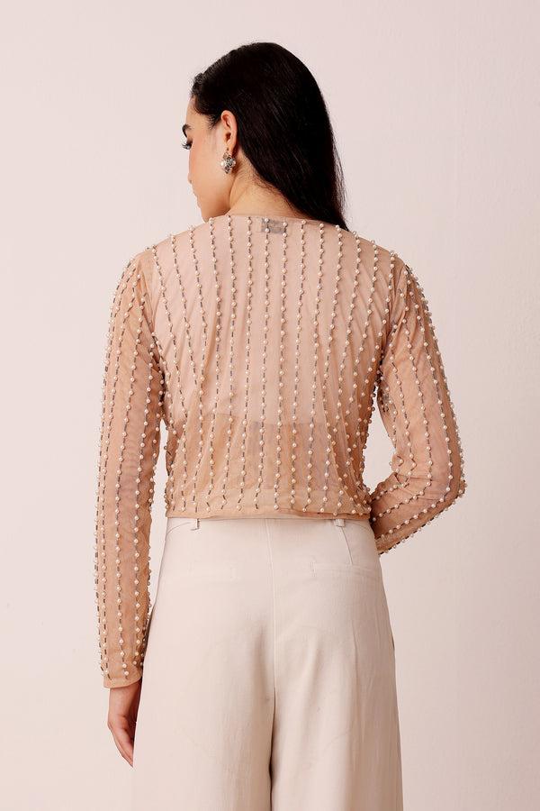 Lace & Beads Pearl Embellished Sheer Cropped Jacket In Beige