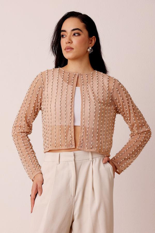 Lace & Beads Pearl Embellished Sheer Cropped Jacket In Beige