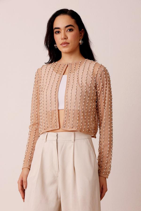 lace & beads Pearl Embellished Sheer Cropped Jacket in Beige