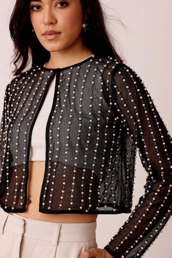 Lace & Beads Pearl Embellished Sheer Cropped Jacket In Black