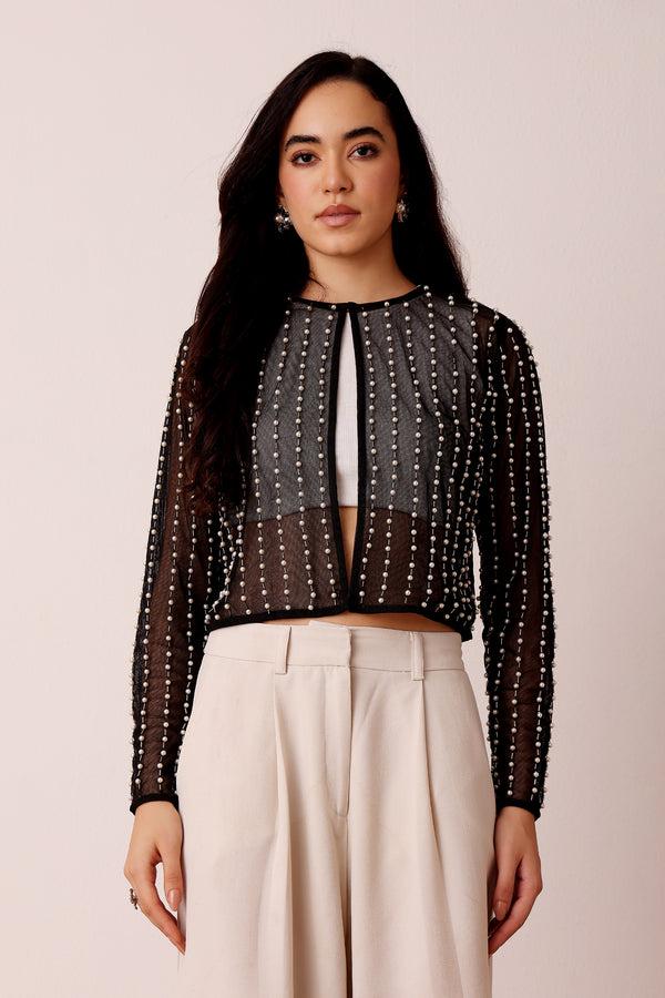 Lace & Beads Pearl Embellished Sheer Cropped Jacket In Black