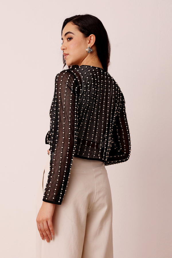 Lace & Beads Pearl Embellished Sheer Cropped Jacket In Black