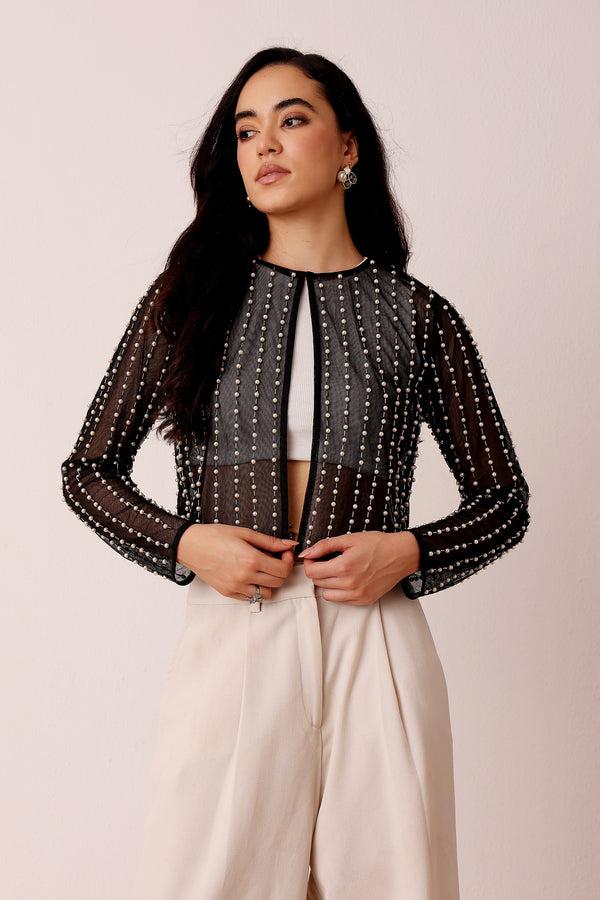 lace & beads Pearl Embellished Sheer Cropped Jacket in Black