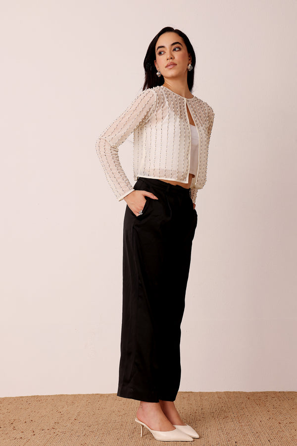 Lace & Beads Pearl Embellished Sheer Cropped Jacket In Ivory