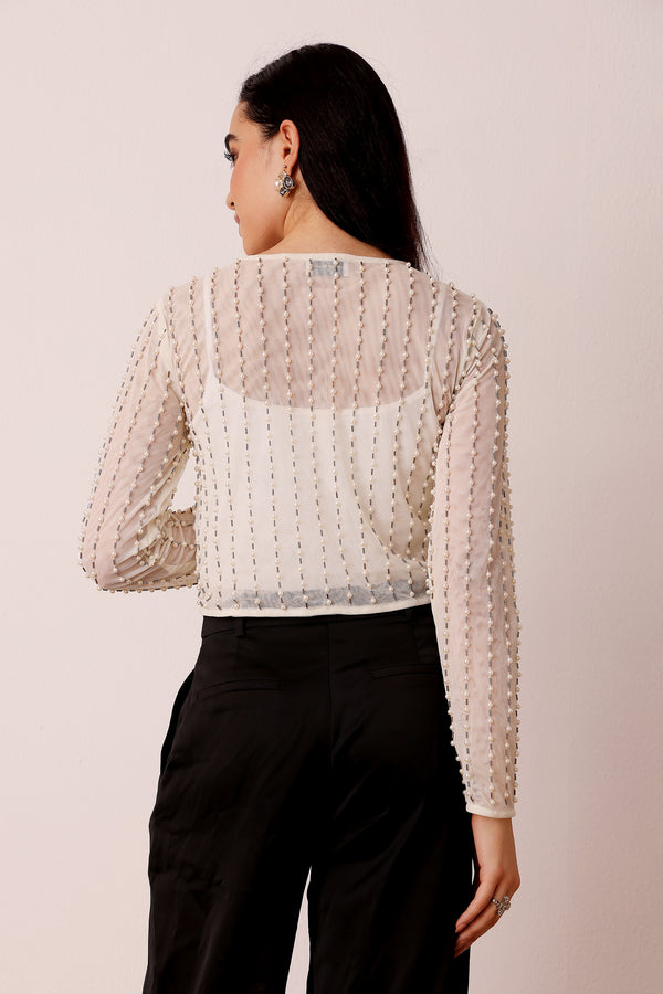Lace & Beads Pearl Embellished Sheer Cropped Jacket In Ivory