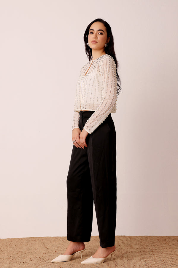 Lace & Beads Pearl Embellished Sheer Cropped Jacket In Ivory