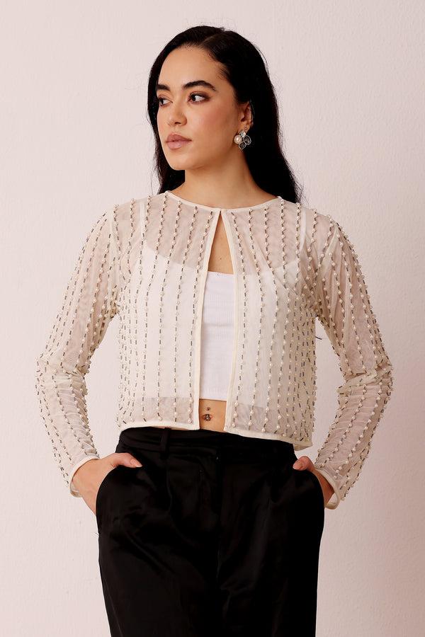 lace & beads Pearl Embellished Sheer Cropped Jacket in Ivory