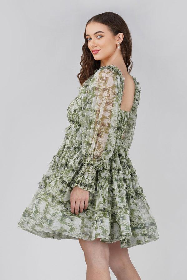 Lace & Beads Petite Jessica Tulle Dress In Green Print