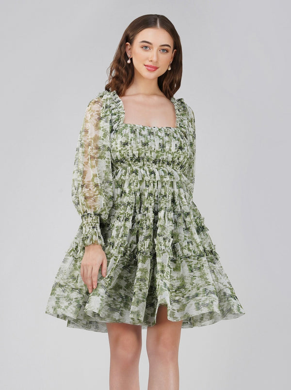 Lace & Beads Petite Jessica Tulle Dress In Green Print